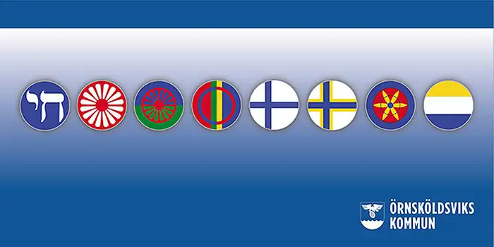 Blå bård med flaggliknande runda symboler för de nationella minoriteterna